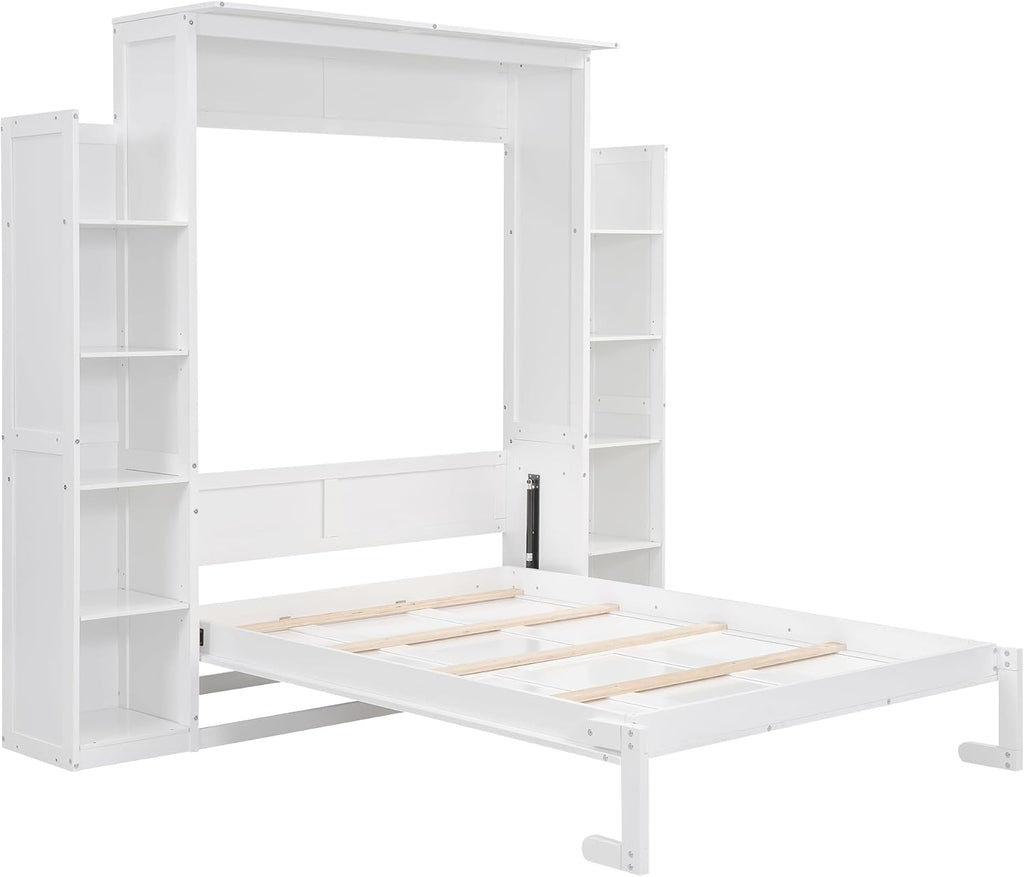 Full Murphy Bed, Wooden Full Murphy Wall Bed with Shelves and LED Lights, White