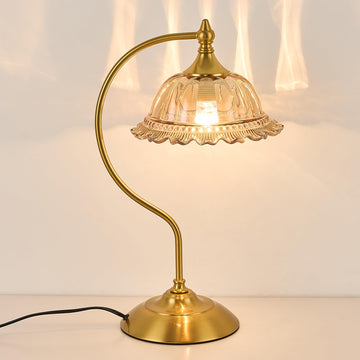 Vintage Table Lamp with a Floral Amber Glass Shade Matte Brass Finish Living Room