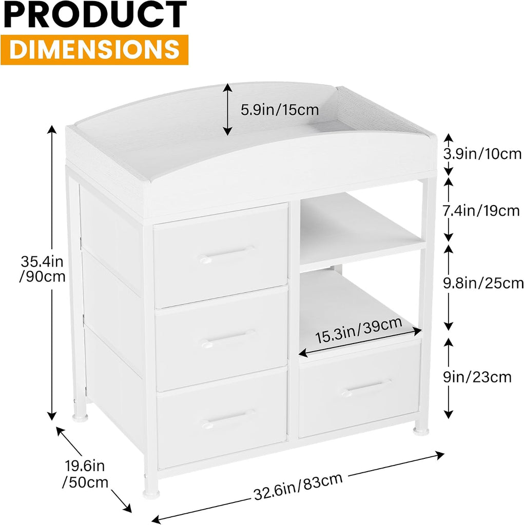 Baby Changing Table with 4 Drawers and 2 Shelves - Baby Dresser with Changing Table Top Diaper Changing Station with