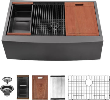 33 Farmhouse Sink Black Stainless Steel - 33 Inch Apron Front Ledge Workstation Gunmetal Black 16 Gauge Stainless