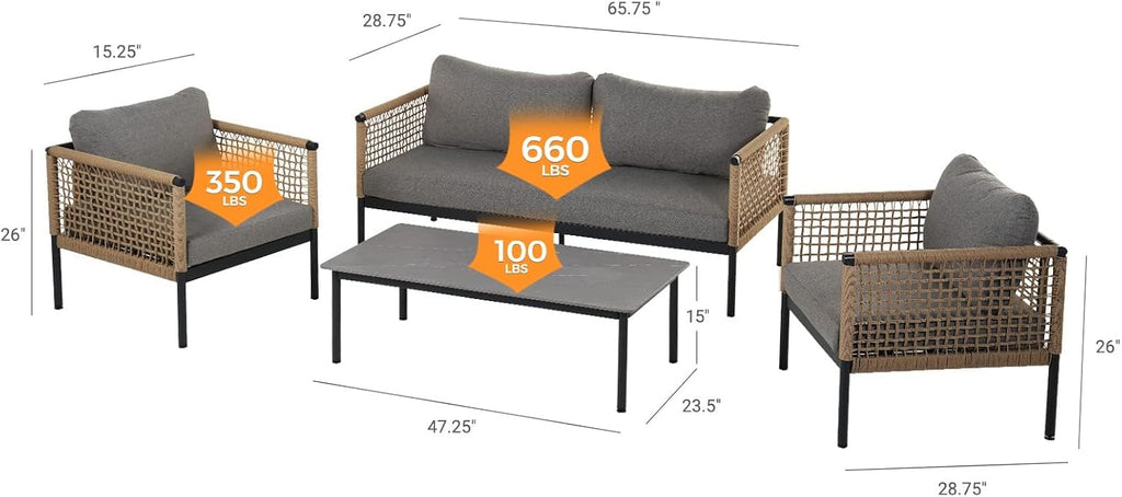 Outdoor 4-Piece Conversation Set Rust Free Patio Furniture Set Open-Weave Wicker Olefin Modern Sofa Seating for