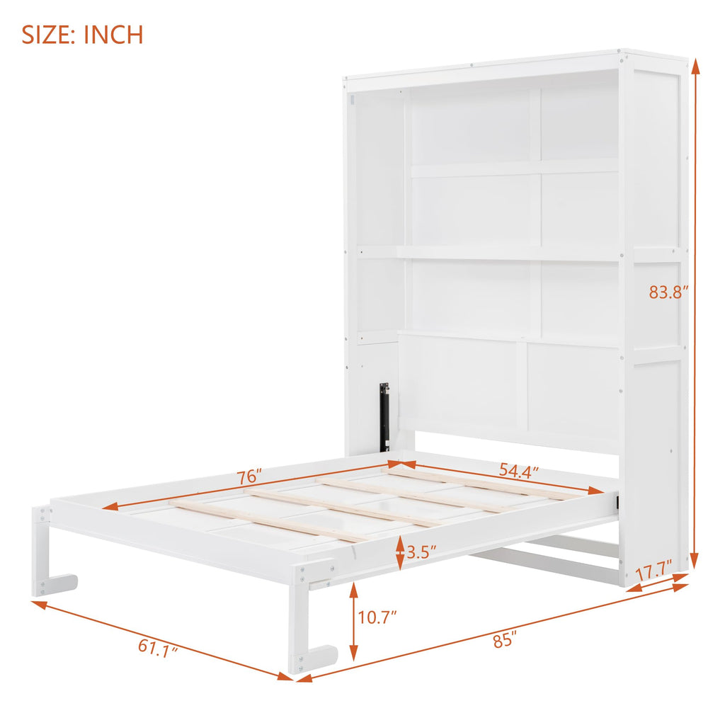 Full Murphy Bed with Shelves, Space-Saving Sleeping Solution, White