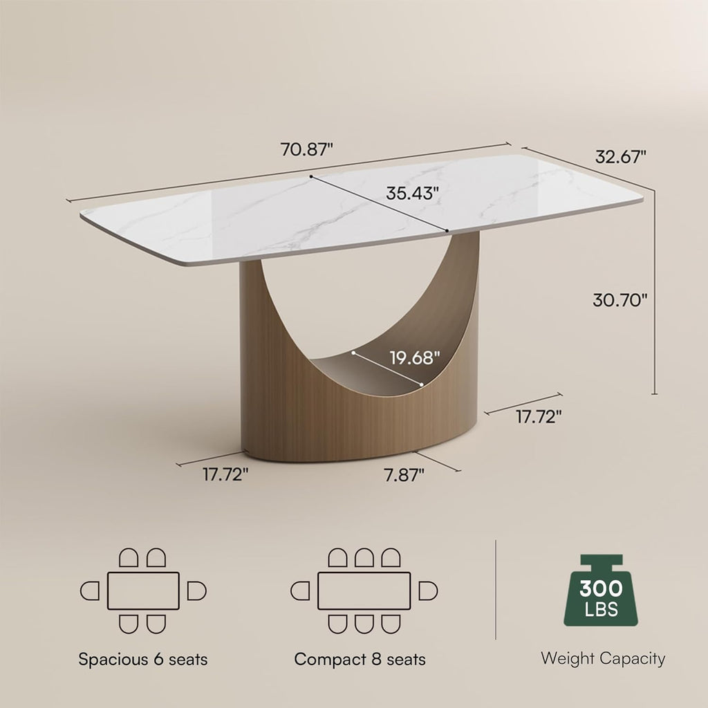 71" Hobart Modern Dining Table for 6-8, Matte White Dining Table Sintered Stone Dining Tabletop with Bronze Carbon