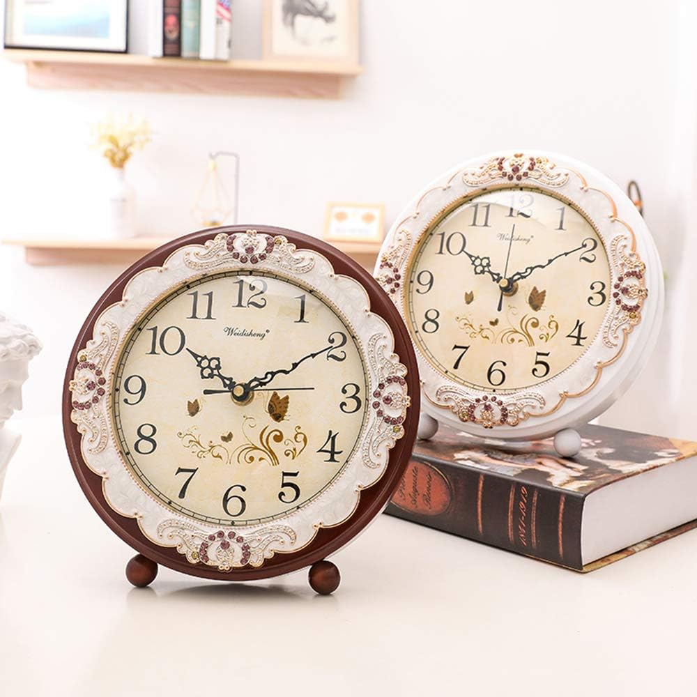 Vintage Table Clock, Retro Non-Ticking European Style Beside Desk Clock Battery Operated Silent Quartz Movement