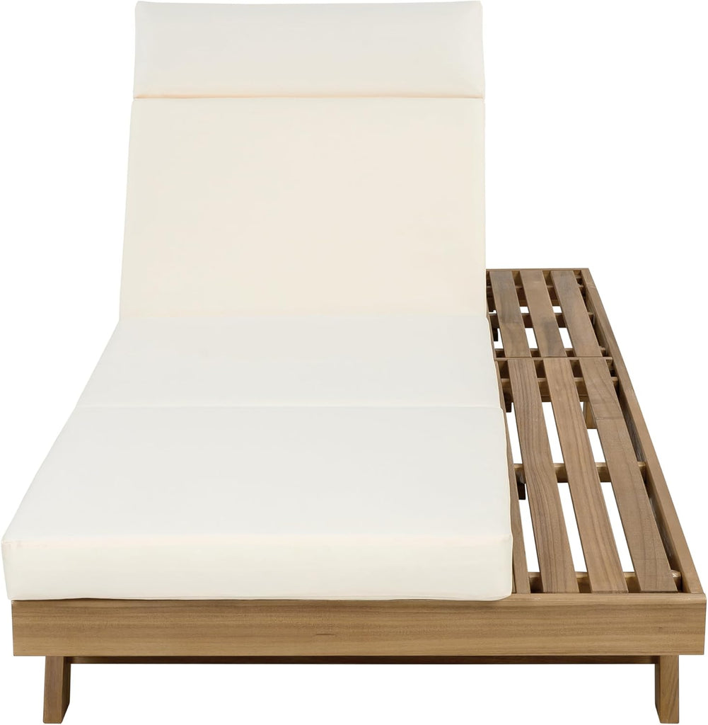 Chaise Lounge Chair Outdoor with 4'' Foldable Cushion, Acacia Wood Poolside Sun Lounger, Space Available On One