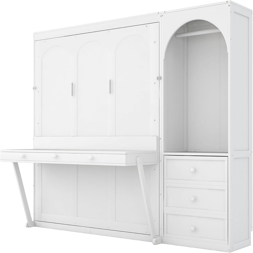 Queen Murphy Bed with Desk, Storage Shelf, 3 Drawers, Solid Wood Frame, 800 lbs Capacity, Easy to Install, Quiet