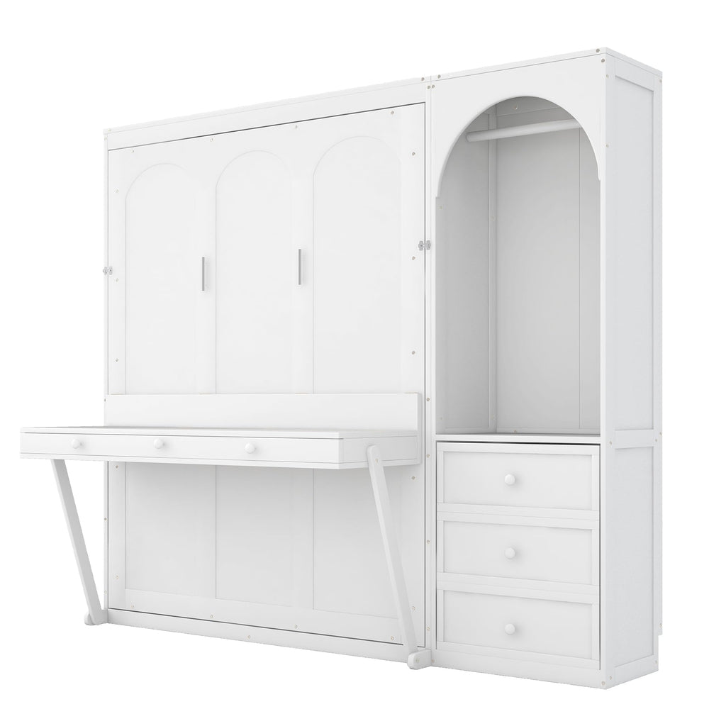 Queen Murphy Bed with Desk and Storage & LED Light, Solid Wood Murphy Wall Bed Cabinet with Storage Drawers &Clothes