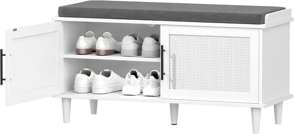 Rattan Shoe Storage Bench with Cushion, 2-Tier Entryway Bench with Adjustable Shelves and 2 Doors, 15" D x 39.4" W x