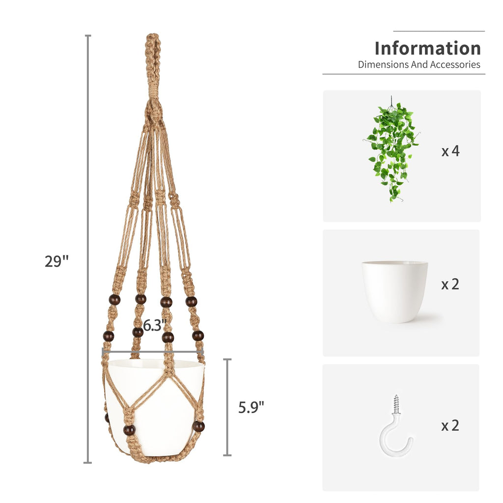 Fake Hanging Plant, Macrame Hanger with Pothos Vines & Pot, Brown 2Pc