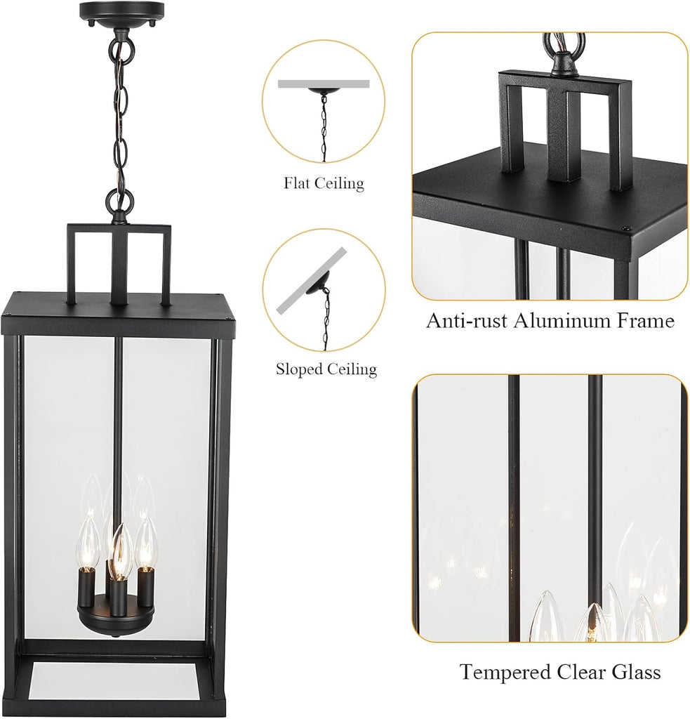 Outdoor Pendant Light, 25'' Large Hanging Lights Lantern Light, Modern Outside Chandelier with Clear Glass