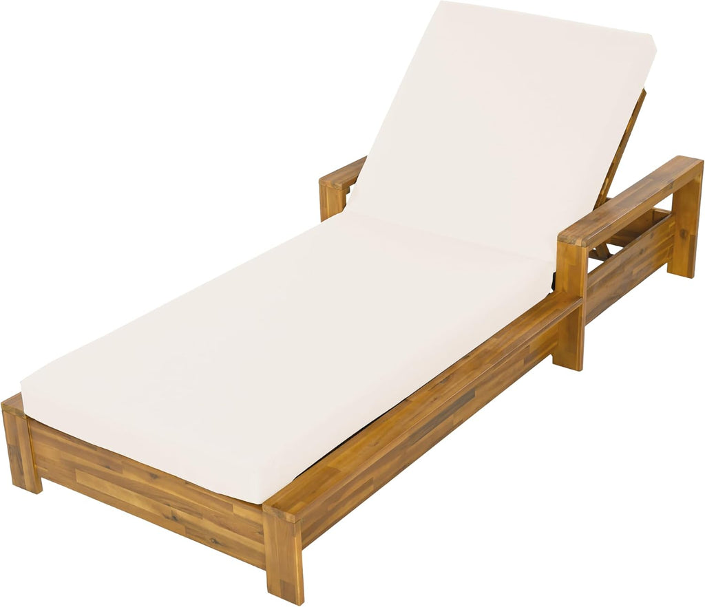 Acacia Wood Outdoor Chaise Lounge Chair Patio Recliner with Cushion, Cream | 1 PCS Chaise Lounge Frame with Armrests