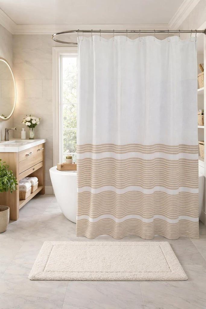 Nautical Striped Beige & White Cotton Bathroom Shower Curtain, 70x72 | Luxury Hotel Style Fabric with Detailed