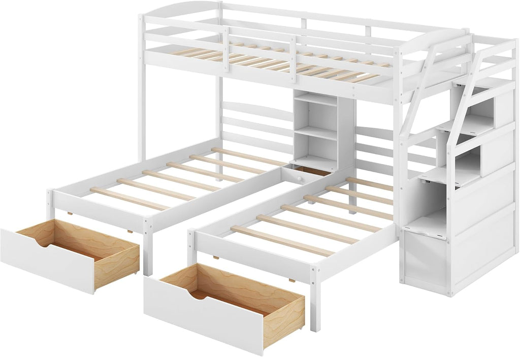 Wood Triple Bunk Bed with Storage Stairs and Drawers Twin Over Twin Over Twin Wooden Bunk Bed with Storage for 3 Kids