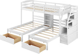 Wood Triple Bunk Bed with Storage Stairs and Drawers Twin Over Twin Over Twin Wooden Bunk Bed with Storage for 3 Kids