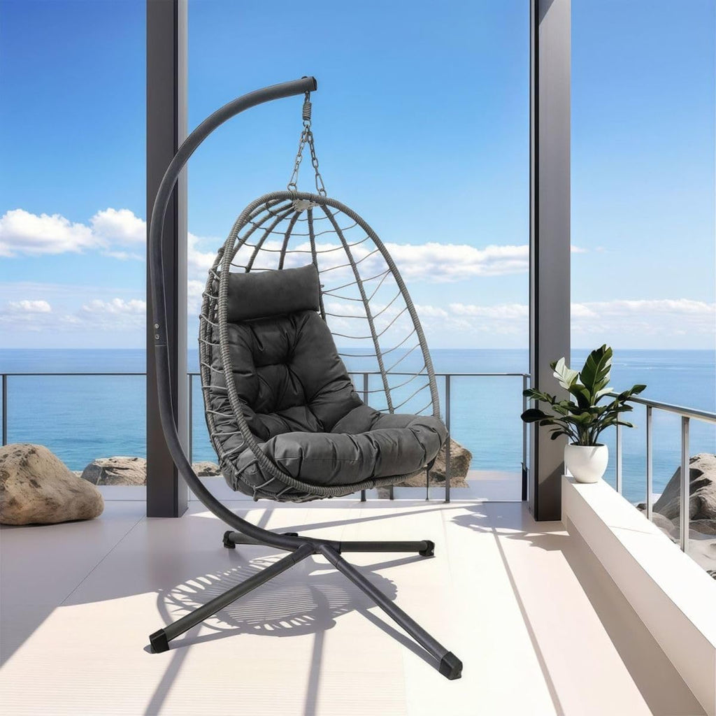 Hanging Egg Chair with Stand, Outdoor Rattan Swinging Egg Chair, Dark Grey, for Porch, Living Room, Poolside and