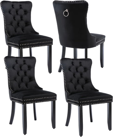 Black Velvet Dining Chairs Set of 4, Upholstered Dining Room Chairs with Back Ring Pull Trim and Solid Wood Legs