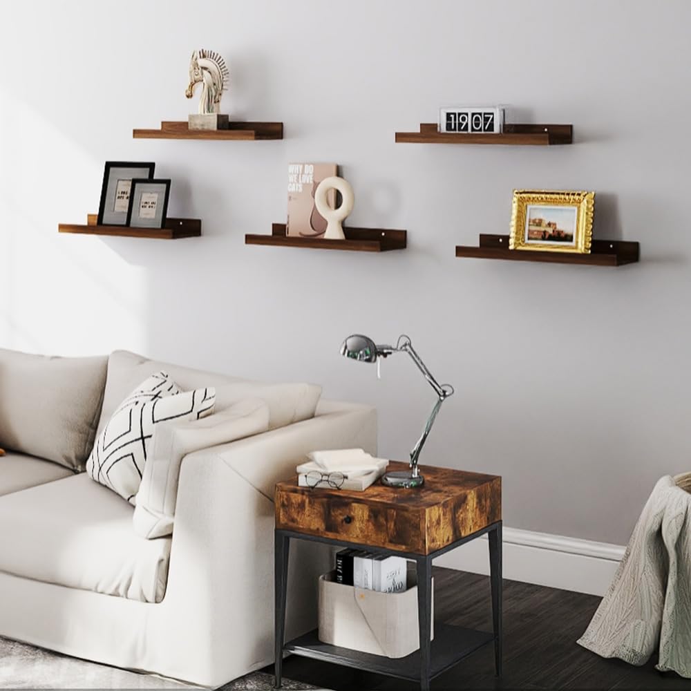 5-Set Floating Shelves with Lip, Walnut Wall Mounted Shelf