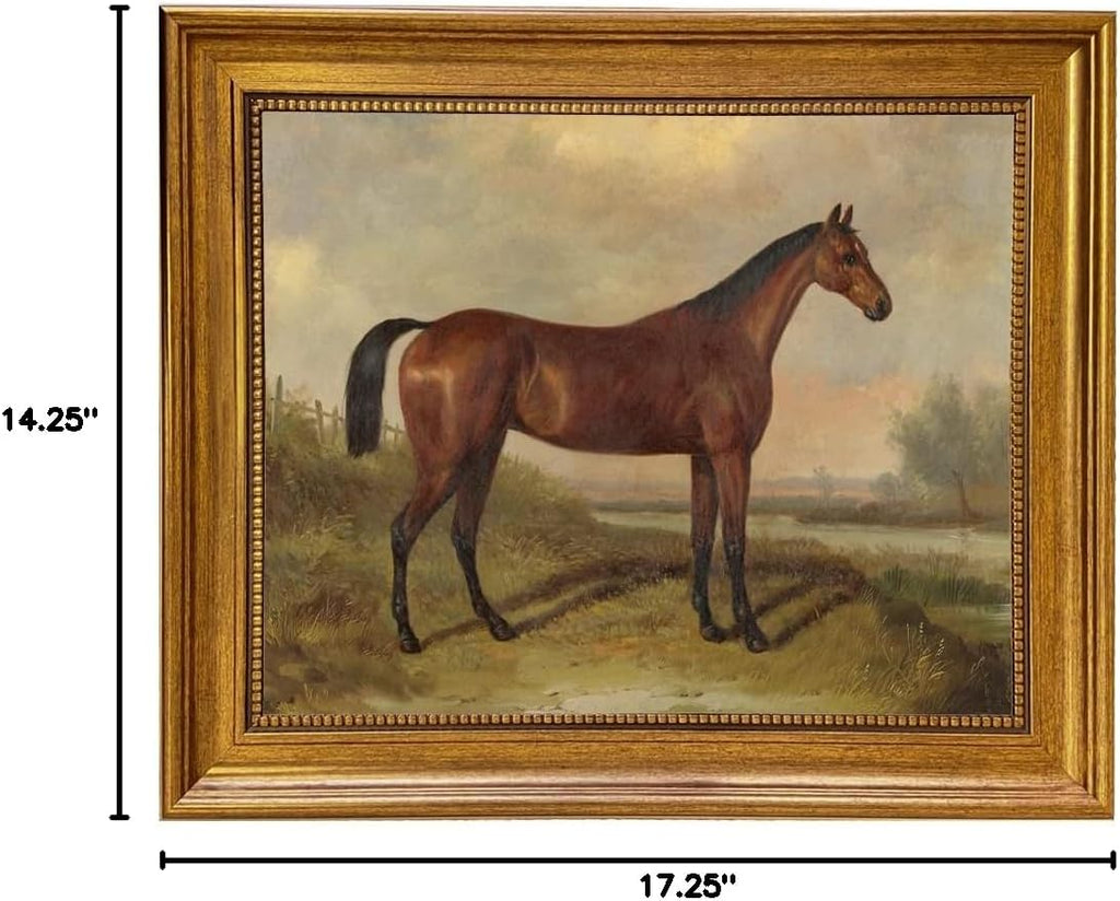 William Barraud Hunter in Landscape Oil Painting Print on Canvas in Antiqued Gold Frame, Equestrian Horse Ready To