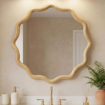 24" Scalloped Wood Wall Mirror, Boho Wall Decor, Natural