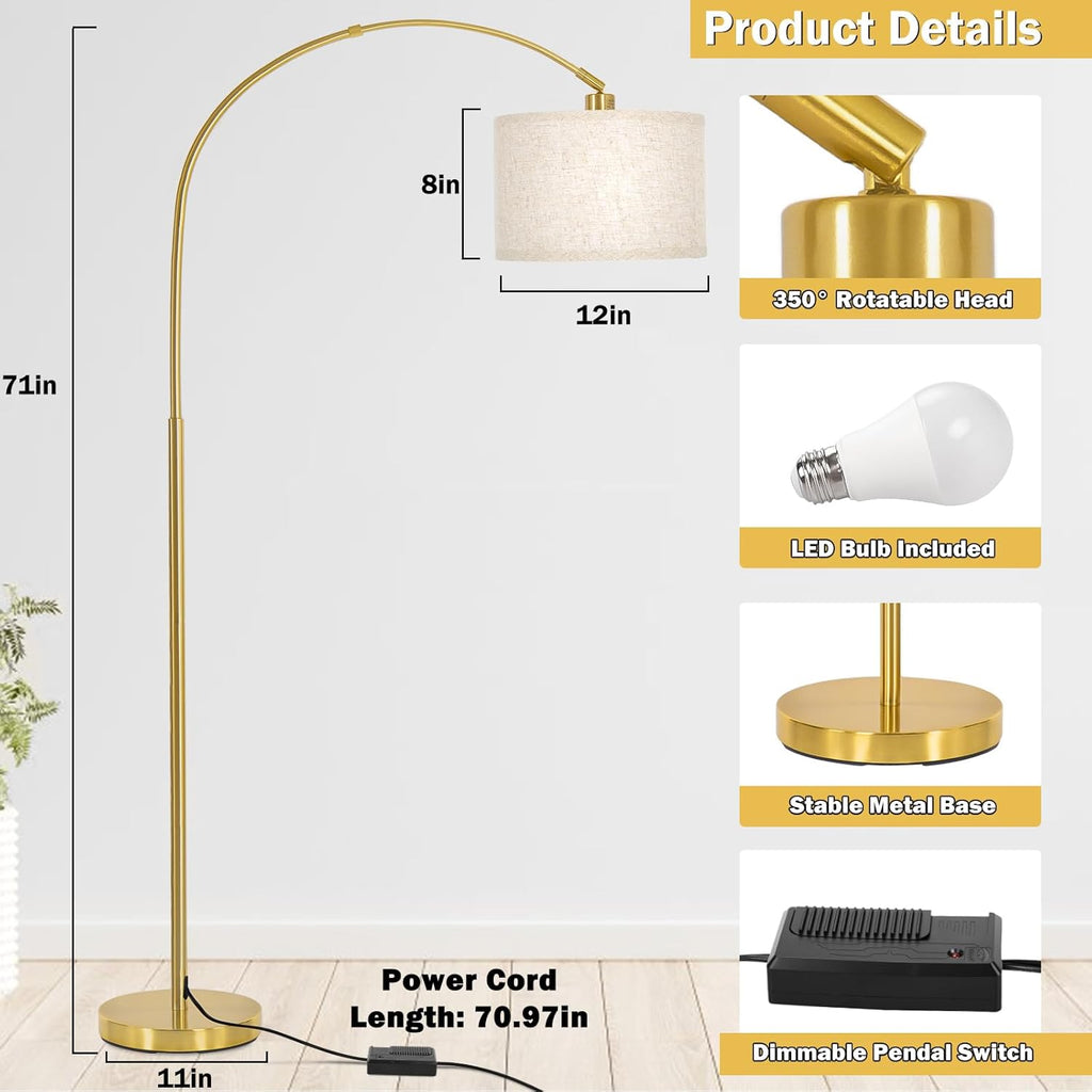 Gold Arc Floor Lamp, Dimmable Floor Lamp, Mordern Standing Light with Adjustable Lamp Head
