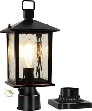 Dusk to Dawn Outdoor Post Light, Hardwired Oil-Rubbed Bronze Pole Lantern with Pier Mount Base, Water Ripple Glass