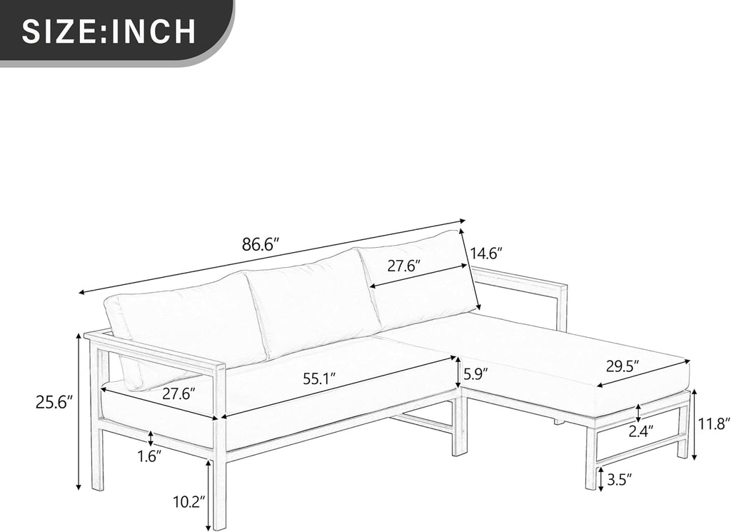 Outdoor L-Shaped Sectional Sofa with 5.9'' Ultra-Thick Cushions, All Weather Patio Conversation Set with Iron Frame
