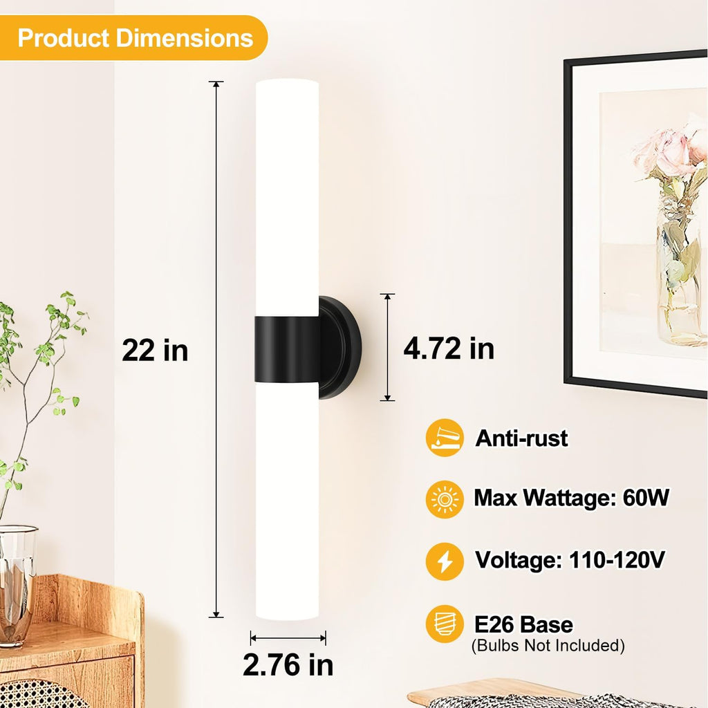 Wall Sconces Set of Two, Modern Bathroom Sconces Wall Lighting with Milky White Glass, Matte Black Sconces Wall Decor