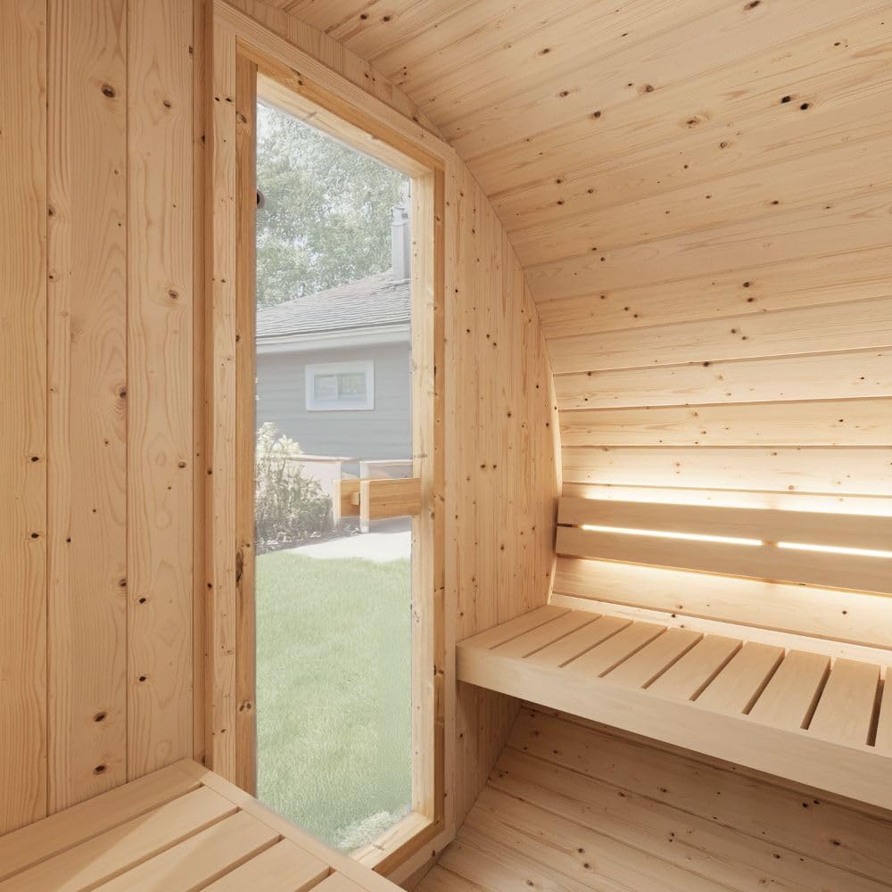 2-Person Outdoor Barrel Sauna with Shingles, Lighting, & 6kW Harvia Sauna Heater, 81x59