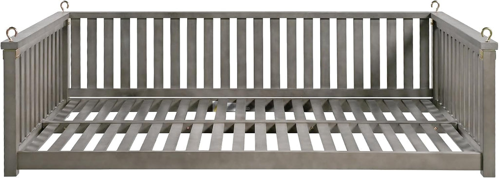 Porch Daybed Swing Outdoor Wooden Swing Bench, Patio Hanging Swing Chair Swinging Bed for Garden, Backyard, Deck, Grey
