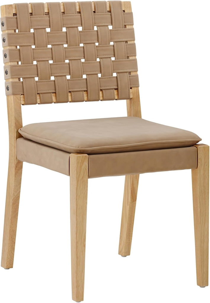 Wood Dining Chair, Mid-Century Modern Upholstered Side Chair with Hand Woven Faux Leather Backrest, 20"D x 18"W