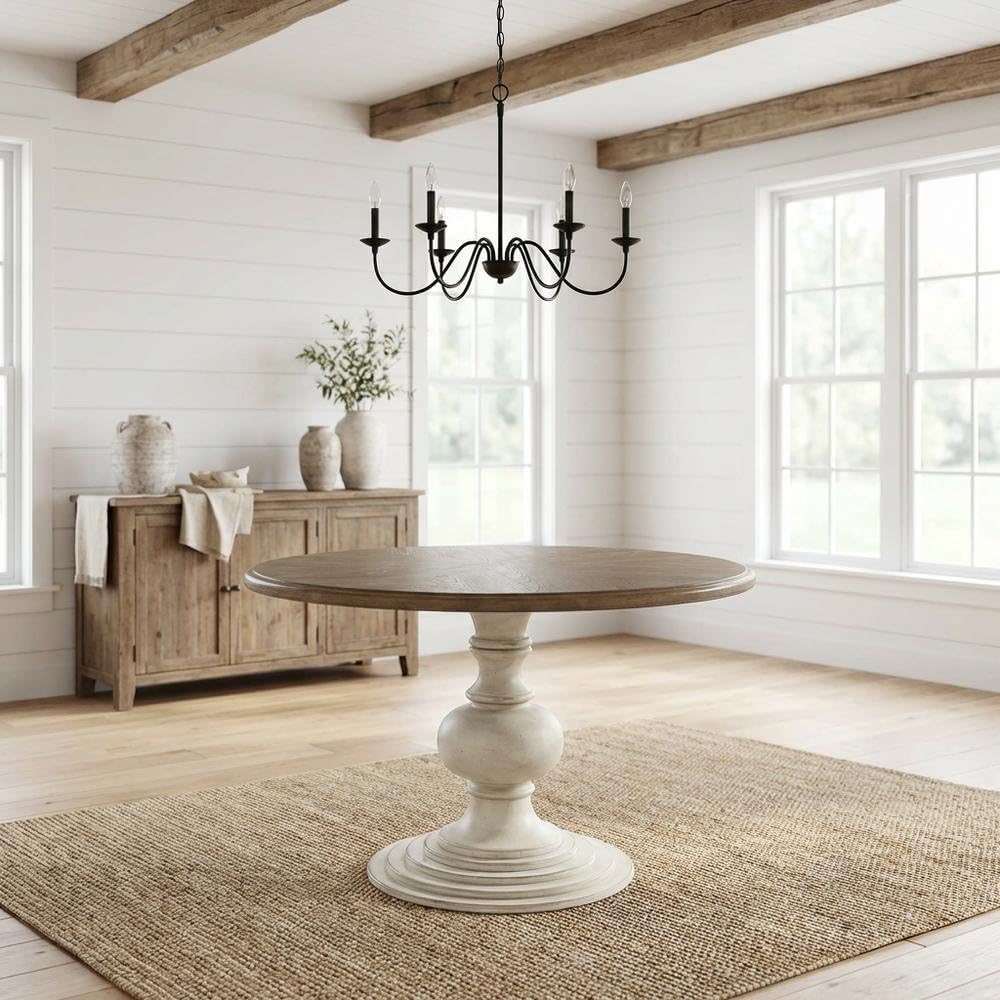 Brown Round Pedestal Dining Table with Wood Veneer and MDF Top, Ideal for Dining Room, Rustic or Modern Indoor Dining