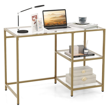 Tempered Glass Computer Desk with 2-Tier Storage Shelves, Modern Computer Workstation, Vanity Makeup Table, Sturdy