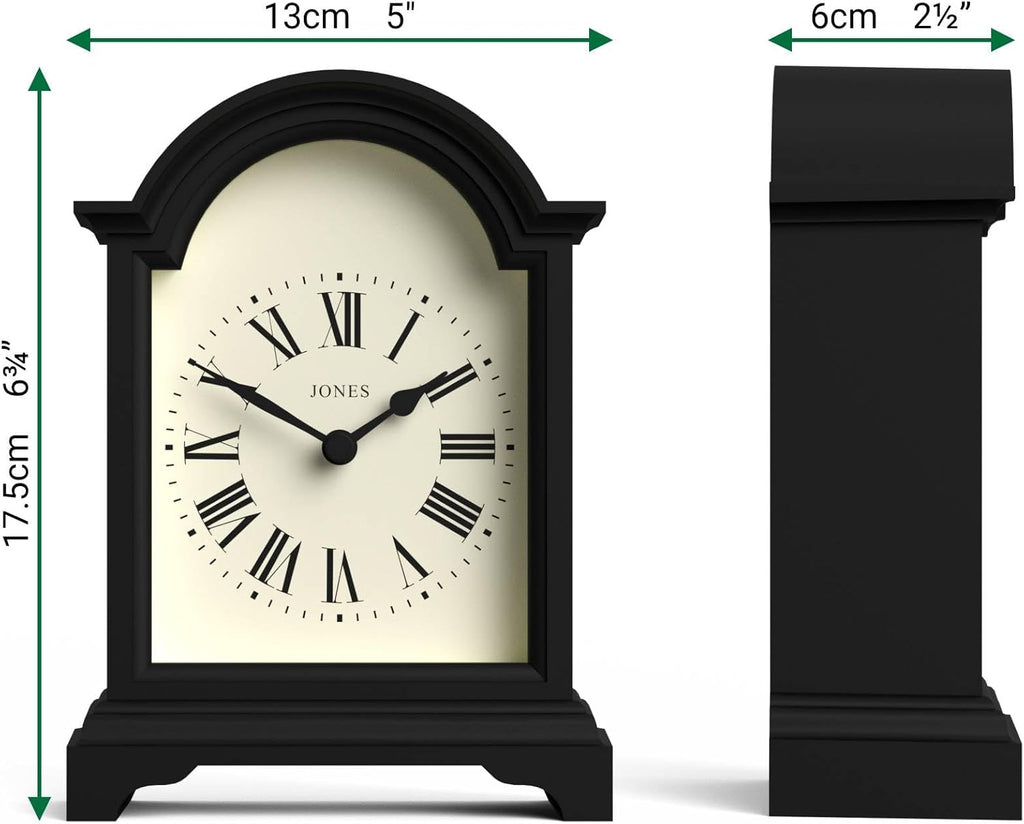Bistro Mantel Clock - Small Classic Arch top Carriage Clock Design - Black - Contemporary Classic Style for Mantel, Desk, Table, Shelf...