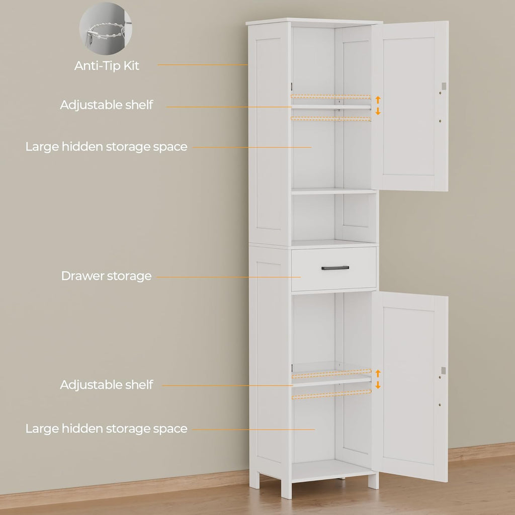 67" H Tall Bathroom Storage Cabinet with Barn Doors and Drawer | Narrow Storage Unit with Adjustable Shelves, Floor