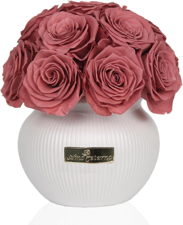 Preserved Roses,Weeding Flowers,Table Centerpiece Flowers,14Pcs Long Lasting Real Rose in Ceramic Vase,Table Flowers