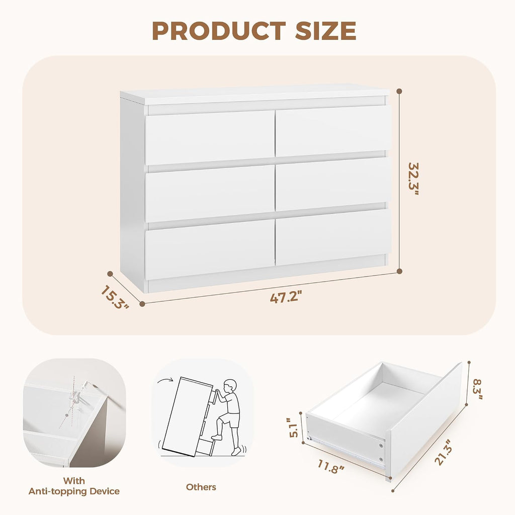 6 Drawer Double Dresser , Modern Simply Chest of Drawers, Wood Storage Dresser with Anti-Tipping Hallway Entryway
