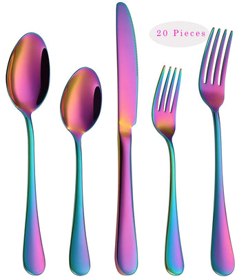 Rainbow Flatware Cutlery Silverware Set 20 Pieces, Stainless Steel Colorful Utensils, Tableware Set Service for 4