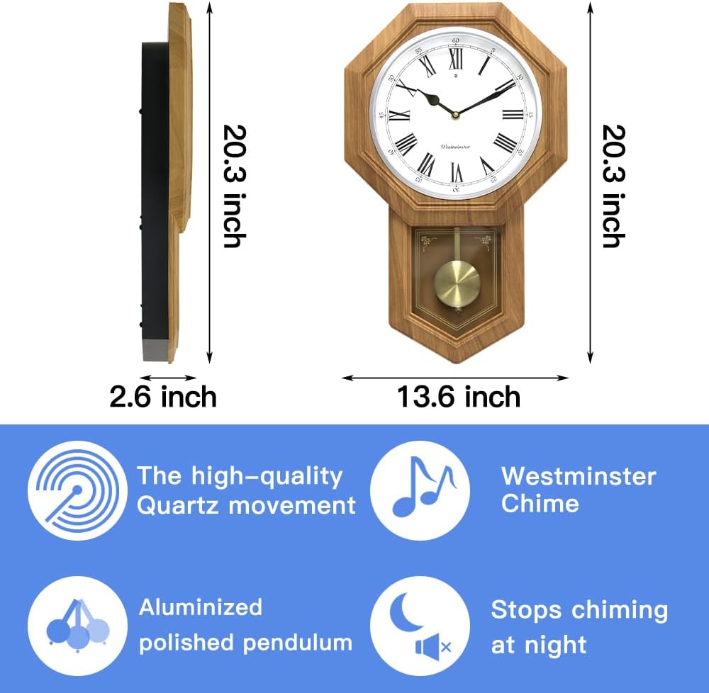 Plastic Pendulum Clock Wood Grain Color.Sturdy Frame.Westminster Chime Every Hour,Elegant,Traditional Schoolhouse,Home,Office,Living...