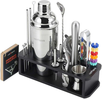 22-Piece Cocktail Shaker Set, Mixology Bartender Kit with 24oz Cobbler Shaker, Home Bar Tool Set with Black Bamboo - Set of 22
