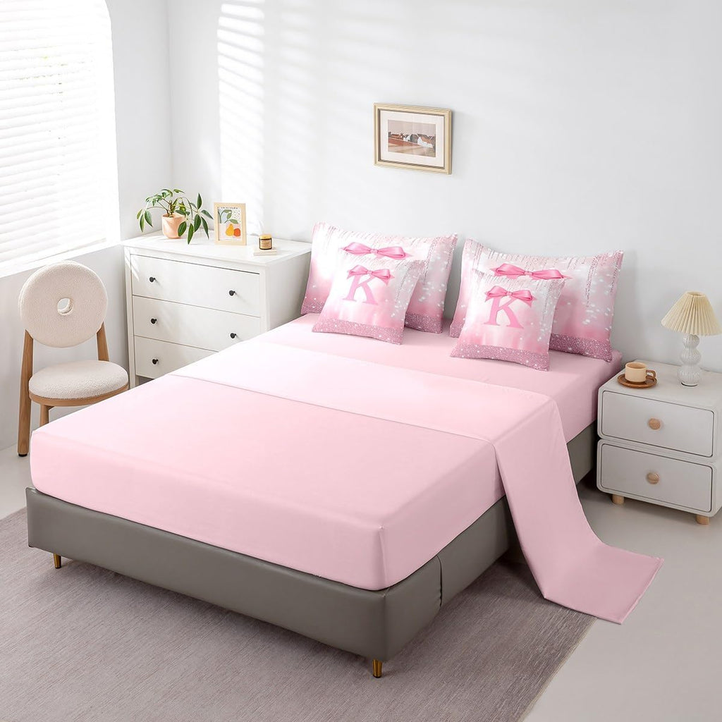 Kids Pink Bowknot 7 Pieces Bedding Set, Personalized Initial K Bed in A Bag Princess Glitter Comforter Set