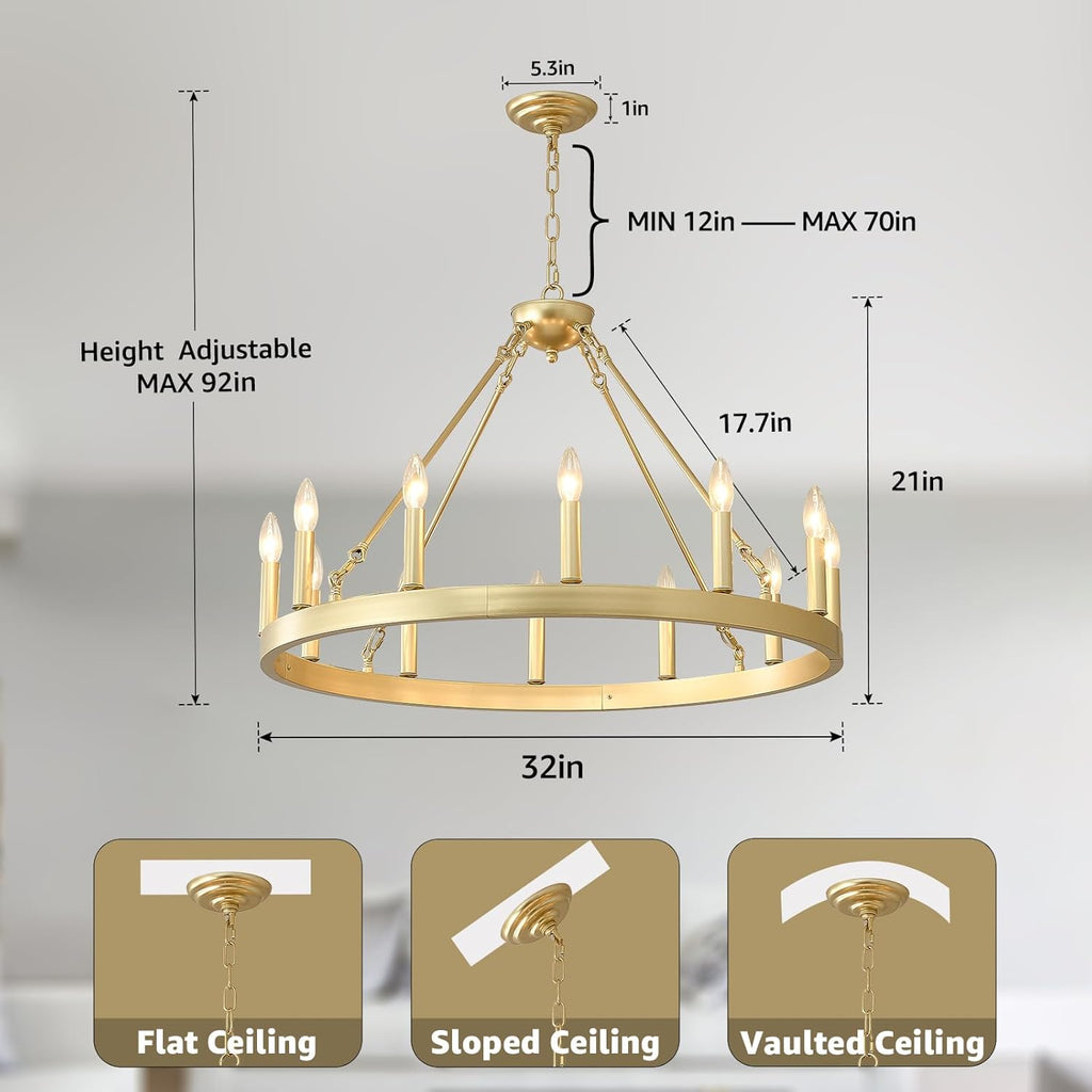 Inspired Camino Style Chandelier - Gold Wagon Wheel Chandelier Farmhouse 32-Inch, 12-Light Modern Gold Chandelier for Dining Room, Round Iron Industrial Chandeliers Light Fixture for Living Room, Foyer, Entryway, E12