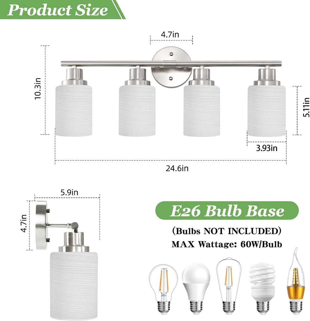 4-Light Brushed Nickel Vanity Lights for Mirror, Bathroom Light Fixtures with Textured Milky White Glass Shade