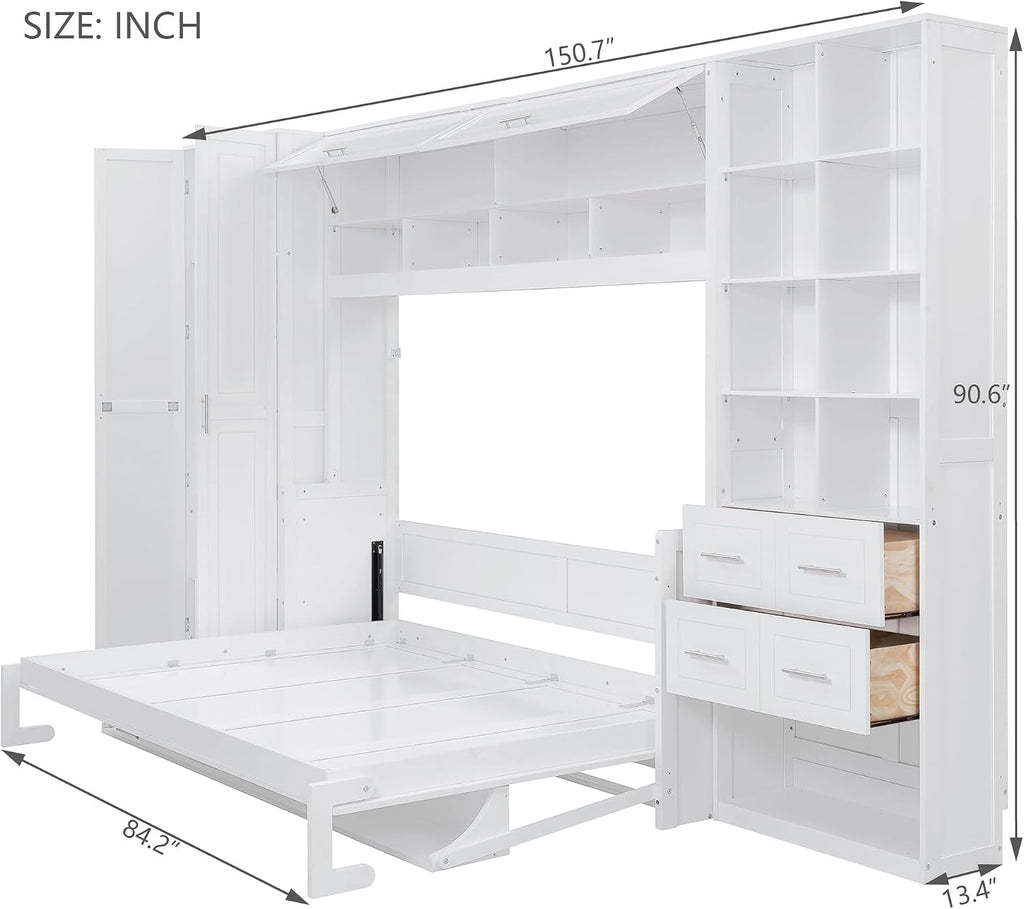 Queen Murphy Bed with Tall 90.6" Closet Wardrobe & Shelves & Drawers, All-in-One Multi-Storage Side Flip Wood MDF