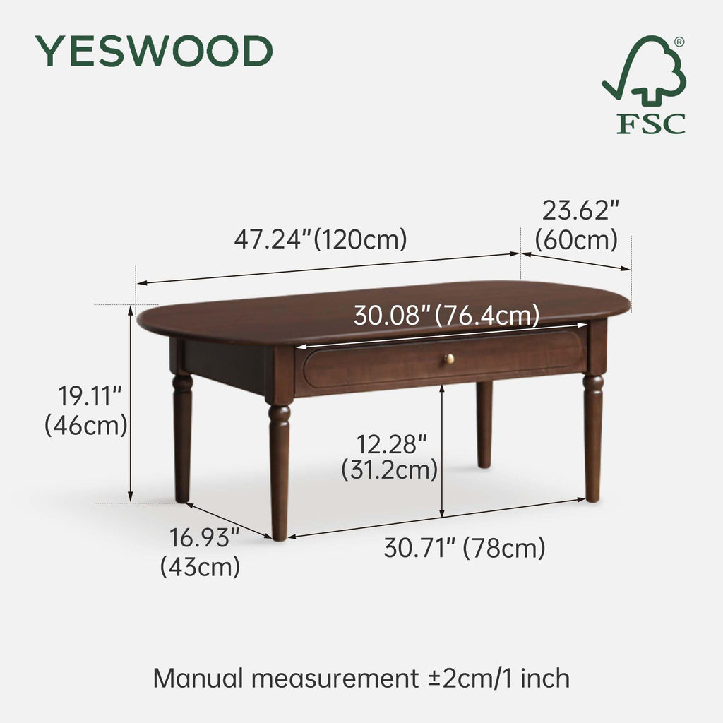 Solid Wood Coffee Table with Drawer, Retro Coffee Table with Vintage Detailings, Large Rectangular Living Room