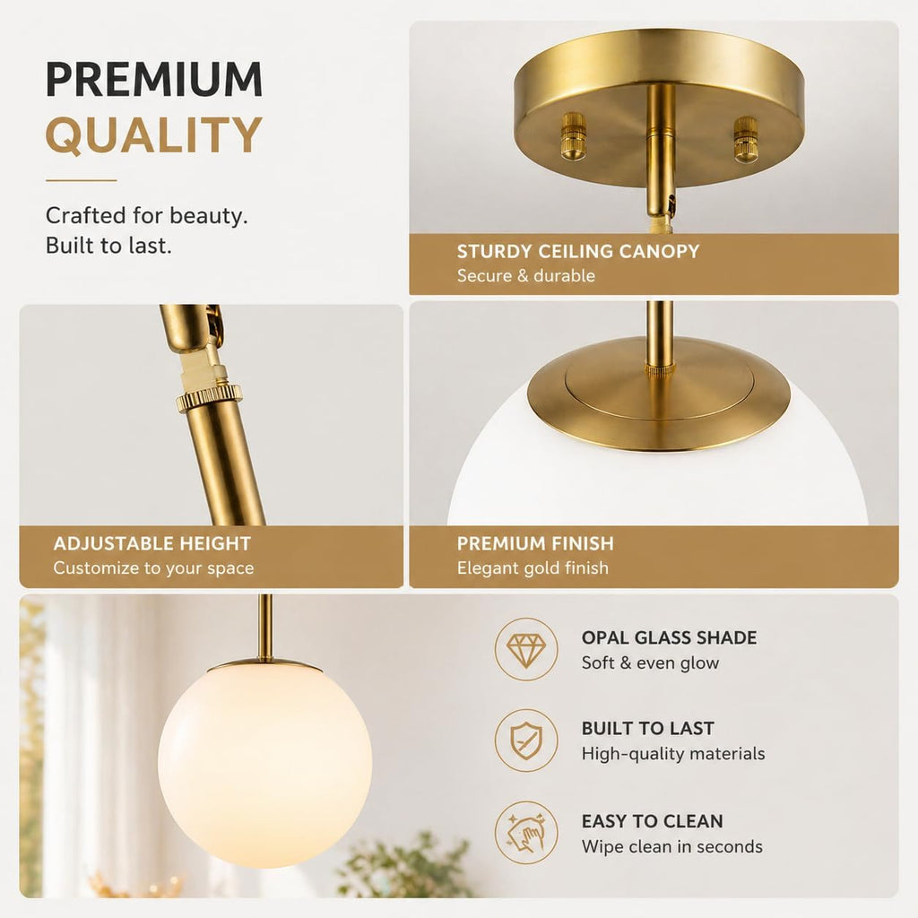 Mid Century Modern Pendant Light - 1-Light Gold Globe with White Glass Shade, Brushed Brass Finish, Adjustable Height