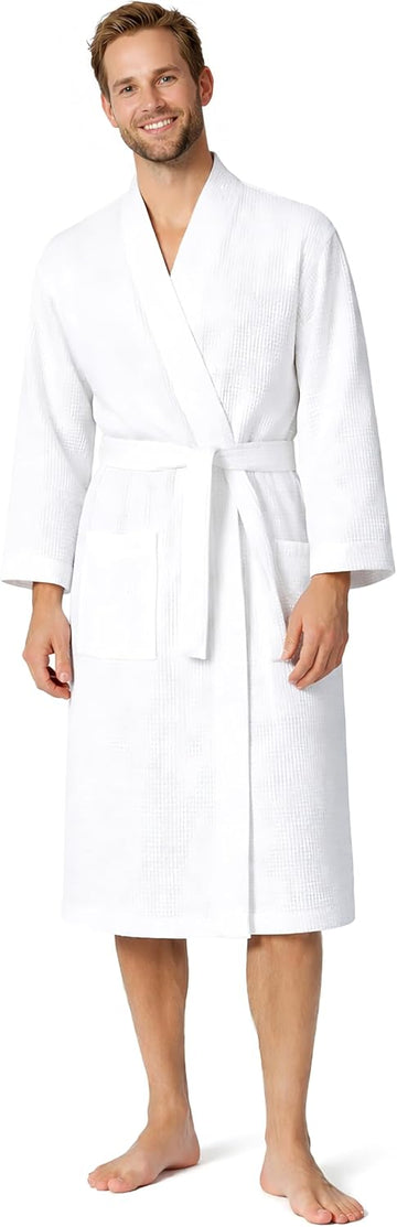 Men's Waffle Bathrobe Lightweight Kimono Spa Robe - Quick Dry Bath & Shower Robe for Men with Pockets