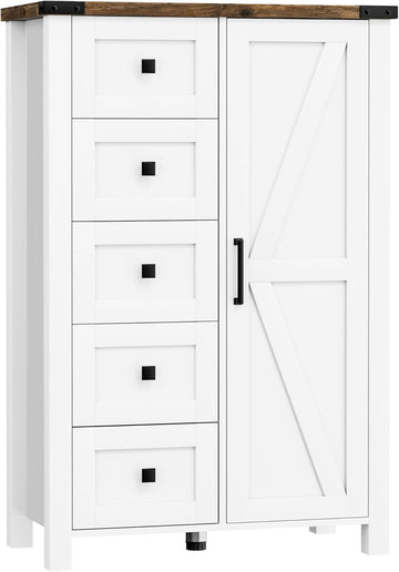 Farmhouse Dresser Storage Cabinet Chest of Drawer , 5 Drawer Dresser with Barn Door, 48 Inch Tall White Wood Dresser