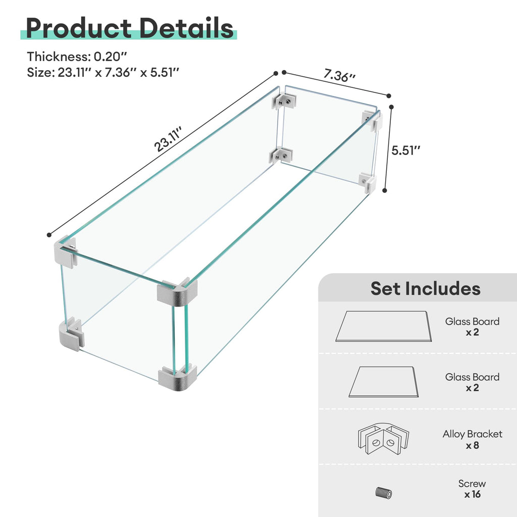 23.1"x 7.3"x 5.5" Rectangular Fire Pit Wind Guard, Transparent Tempered Glass, Polished Aluminum Brackets, 3M Anti-Slip