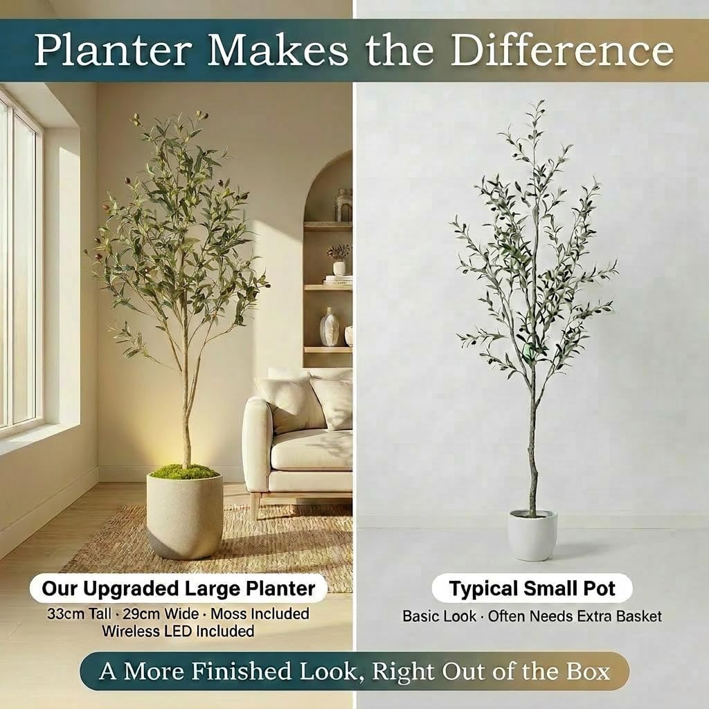 Artificial Olive Tree with Large Modern Planter, Rechargeable Wireless LED Light & Moss - Realistic Fake Potted