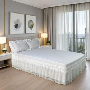 Double Layers Lace Bed Skirt 15 Inch Drop with Wrap Around Elastic Band, Dust Ruffle Bedskirt Hide Box Springs